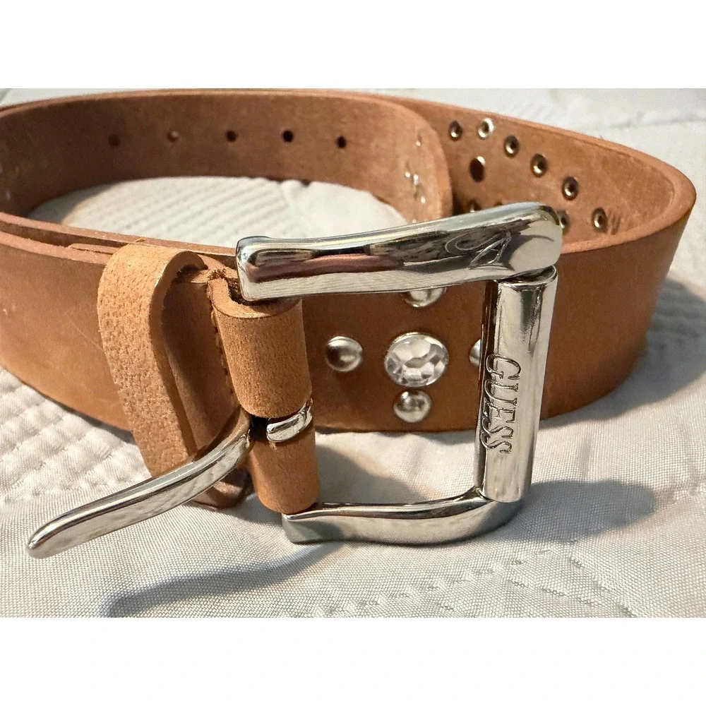 Guess Y2K Genuine Leather Rhinestone Studded Western Belt Tan Rodeo Cowgirl
